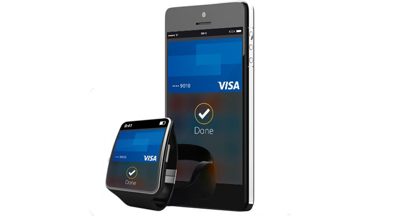 Foto opsi pembayaran tanpa sentuh Visa di ponsel dan jam tangan pintar