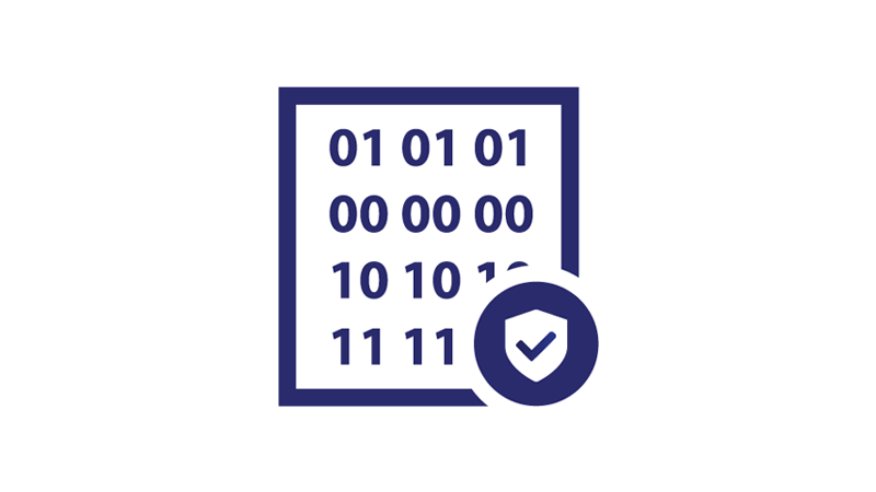 A block of binary code and a small shield with a checkmark sits in front of the code in the bottom right corner.  