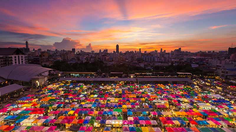 Aerial view of flea market with beautiful sky after sunset