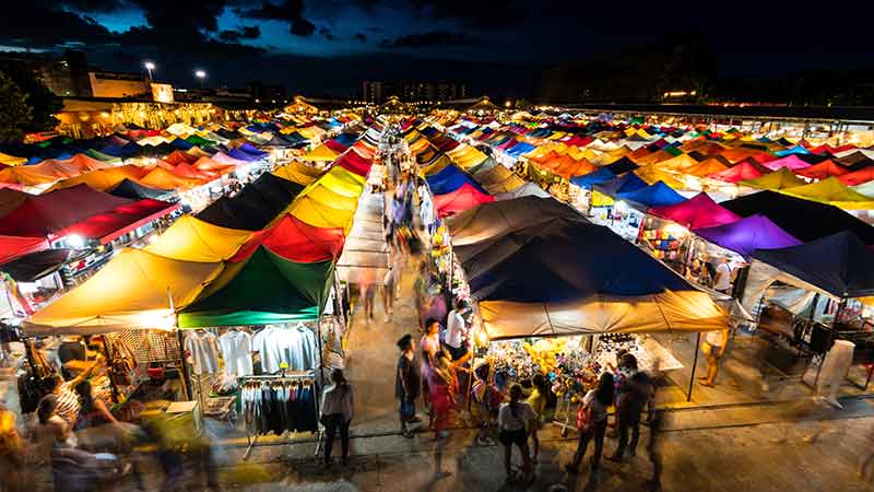 Twilight at train market in Bangkok, Thailand